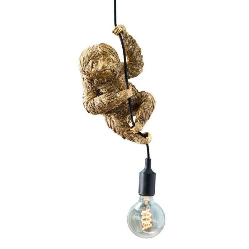 Die Pendelleuchte – Fauli zeigt eine skurrile, goldfarbene Faultierskulptur, die an einer schwarzen Kordel hängt. Darunter befindet sich eine freiliegende Glühlampe, die für eine verspielte und einzigartige Note sorgt.