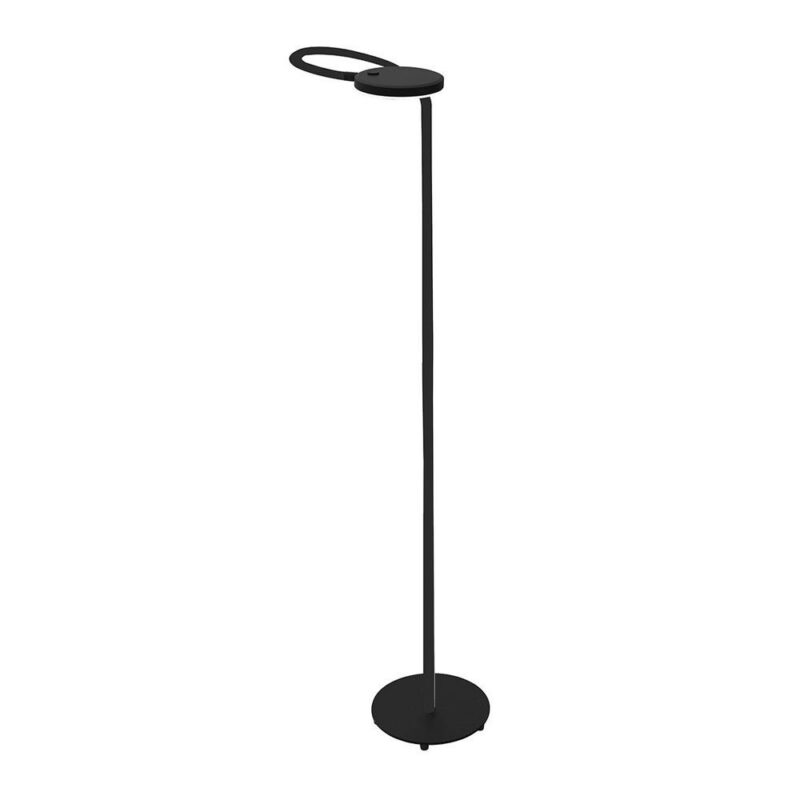 Die Stehleuchte - Aike ist eine elegante, moderne schwarze Stehlampe mit einem runden Leuchtenkopf und einem schmalen Ständer auf einem runden Sockel vor einem strahlend weißen Hintergrund.