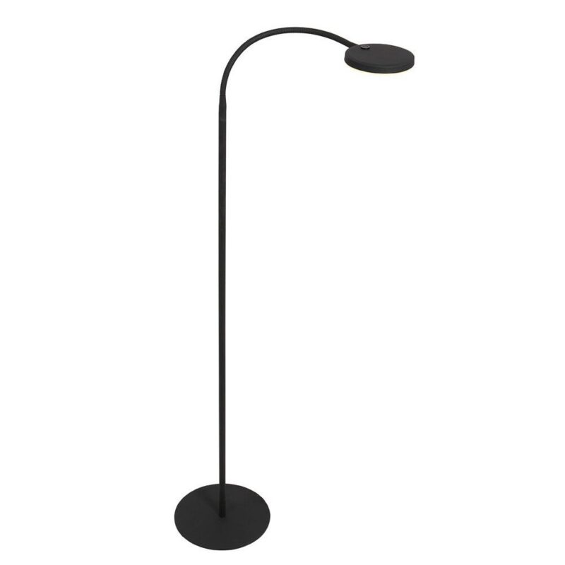 Die Stehleuchte - Aike ist eine elegante, schwarze Lampe mit minimalistischem Design, die sich durch einen hohen Ständer und einen runden Sockel auszeichnet. Ihr geschwungener Arm endet in einem flachen, runden Lichtkörper, der sich ideal zum Lesen oder für eine gezielte Beleuchtung eignet.