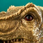 Eine Nahaufnahme eines goldenen Drachenauges spiegelt die kunstvolle Tischleuchte - T-Rex wider. Das rote Auge, umgeben von detailreichen Schuppen und Texturen, hebt sich wunderschön von einem soliden blaugrünen Hintergrund ab und strahlt Tiefe und Kunstfertigkeit aus.