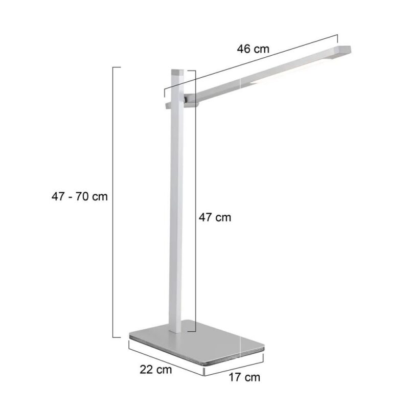 Die Tischleuchte – Leve bietet eine einstellbare Höhe von 47 bis 70 cm, verfügt über einen schlanken rechteckigen Sockel von 22 x 17 cm und einen 46 cm ausziehbaren Lampenkopf, ideal für vielseitige Beleuchtung in jedem Raum.
