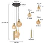 Die Pendelleuchte - Baloon 2.0 - 5er Rondell besticht durch mehrere Glaskugeln in unterschiedlichen Längen, goldene Akzente, einen ovalen Sockel (Ø 40 cm), Leuchtmittel (Ø 20-30 cm) und Stäbe (8 cm). Die Höhe ist von 35 bis 150 cm verstellbar.