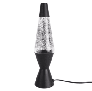 Die Tischlampe – Lava Glitter ist eine konische schwarze Lavalampe, die mit wirbelndem Silberglitzer in einer klaren Flüssigkeit gefüllt ist und mit einem schwarzen Netzkabel geliefert wird.