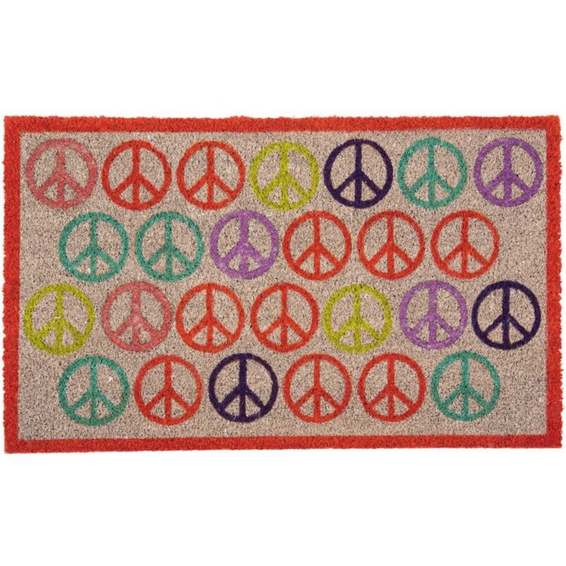 Die Fußmatte - Peace zeigt farbenfrohe Friedenssymbole in Orange, Grün, Lila und Blaugrün auf einem strukturierten Hintergrund, die in einem Gittermuster angeordnet sind. Ein stilvoller roter Rand vervollständigt diese lebendige Fußmatte.