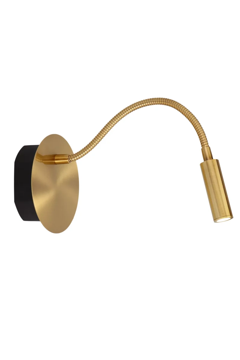 Die Akku-Wandleuchte - FlexiGlow ist eine moderne Wandleuchte mit Goldfinish, einem runden Sockel und einem flexiblen Arm, der in einer zylindrischen Leuchte endet. Sie sorgt für gerichtetes Licht und wird elegant auf einer stilvollen runden schwarzen Rückplatte montiert.