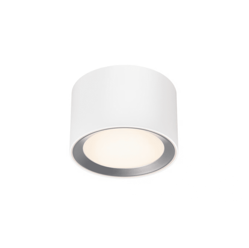 Die Aufbauleuchte - Rubi 3-Step ist eine elegante, weiße, zylindrische Deckenleuchte, die ein weiches, warmes Licht ausstrahlt. Ihre glatte Oberfläche und ihr minimalistisches Design machen sie zur idealen Ergänzung für moderne Innenräume.