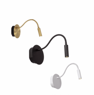 Auf weißem Hintergrund sind drei flexible LED-Leseleuchten für die Wandmontage abgebildet, eine davon ist die Akku-Wandleuchte FlexiGlow in Schwarz mit rundem Fuß. Jede Leuchte verfügt über einen zylindrischen Kopf und einen verstellbaren Arm für eine vielseitige Beleuchtung.