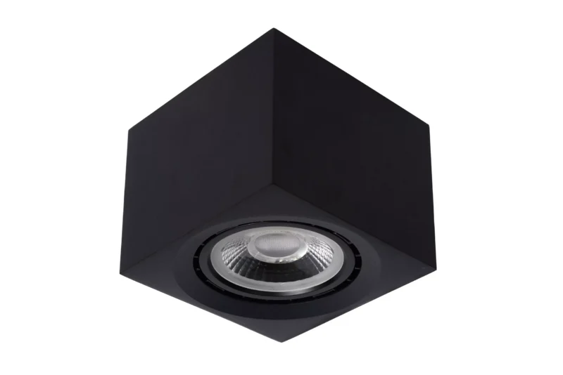 Der Deckenstrahler - Blacky von Licht Factory ist eine schlichte, schwarze Deckenleuchte in Würfelform mit einer eingelassenen runden LED, ideal für moderne Innenräume.