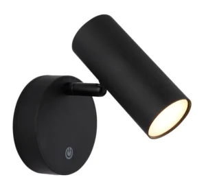 Der Akku-Wandstrahler - Elli ist ein eleganter, schwarzer LED-Wandstrahler mit zylindrischem Kopf und runder Basis mit berührungsempfindlichem Stromsymbol, der ein warmes, fokussiertes Licht ausstrahlt.