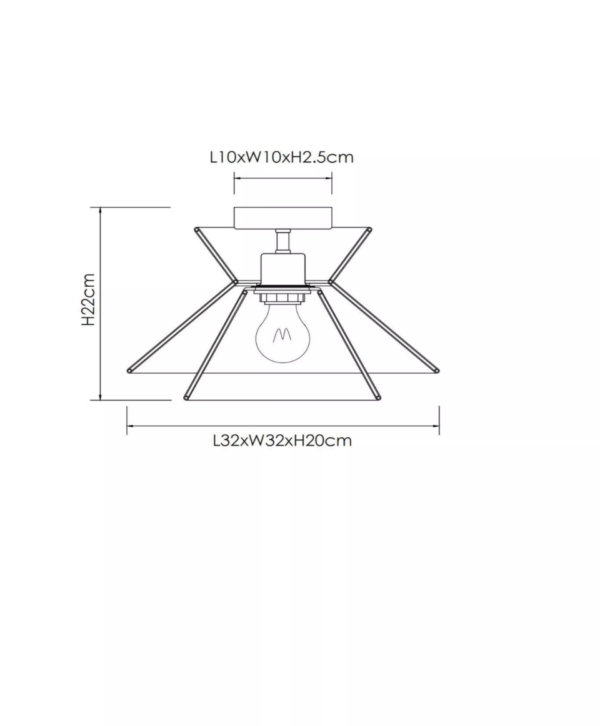 Die Linienzeichnung der Deckenleuchte - Tassy von Licht Factory zeigt sich kreuzende Linien und eine zentrierte Glühbirne in einer eckigen Form. Die geometrischen Abmessungen der Deckenleuchte betragen L32xB32xH20 cm.