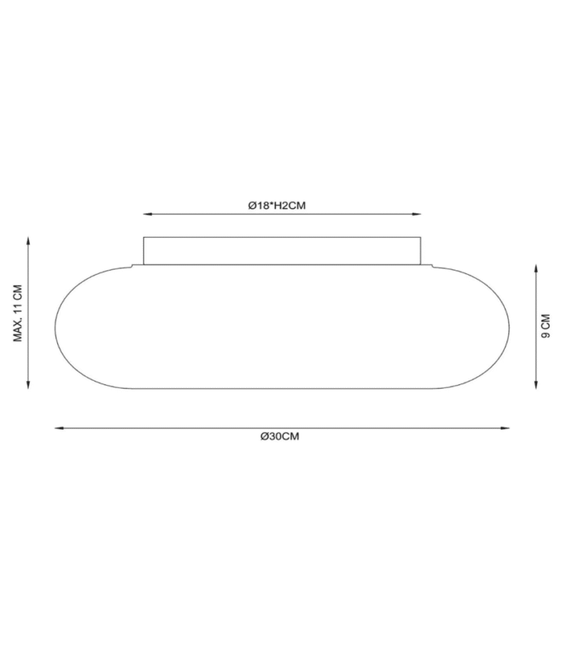 Die Deckenleuchte – Tino von Licht Factory umfasst eine technische Strichzeichnung eines ovalen Objekts mit einer Breite von 30 cm, einer Höhe von 9 cm und einer maximalen Gesamthöhe von 11 cm und einem darüber liegenden Kreis mit einem Durchmesser von 18 cm.