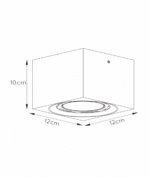 Diagramm mit dem Deckenstrahler - Blacky, einer quadratischen Deckeneinbauleuchte mit runder Fassung in der Mitte. Er ist 12 cm breit und tief und 10 cm hoch. Pfeile markieren seine Abmessungen.
