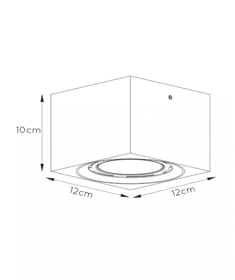 Diagramm mit dem Deckenstrahler - Blacky, einer quadratischen Deckeneinbauleuchte mit runder Fassung in der Mitte. Er ist 12 cm breit und tief und 10 cm hoch. Pfeile markieren seine Abmessungen.