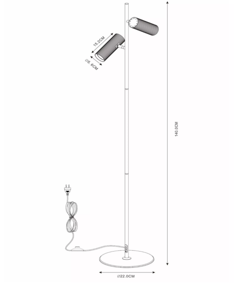 Die Stehleuchte - Icon von Licht Factory ist eine hohe, schlanke Stehleuchte mit einem nach unten abgewinkelten zylindrischen Lichtkörper. Sie steht auf einem runden Sockel mit 22 cm Durchmesser, erreicht eine Höhe von 140 cm und verfügt über ein Stromkabel, das vom Sockel ausgeht.