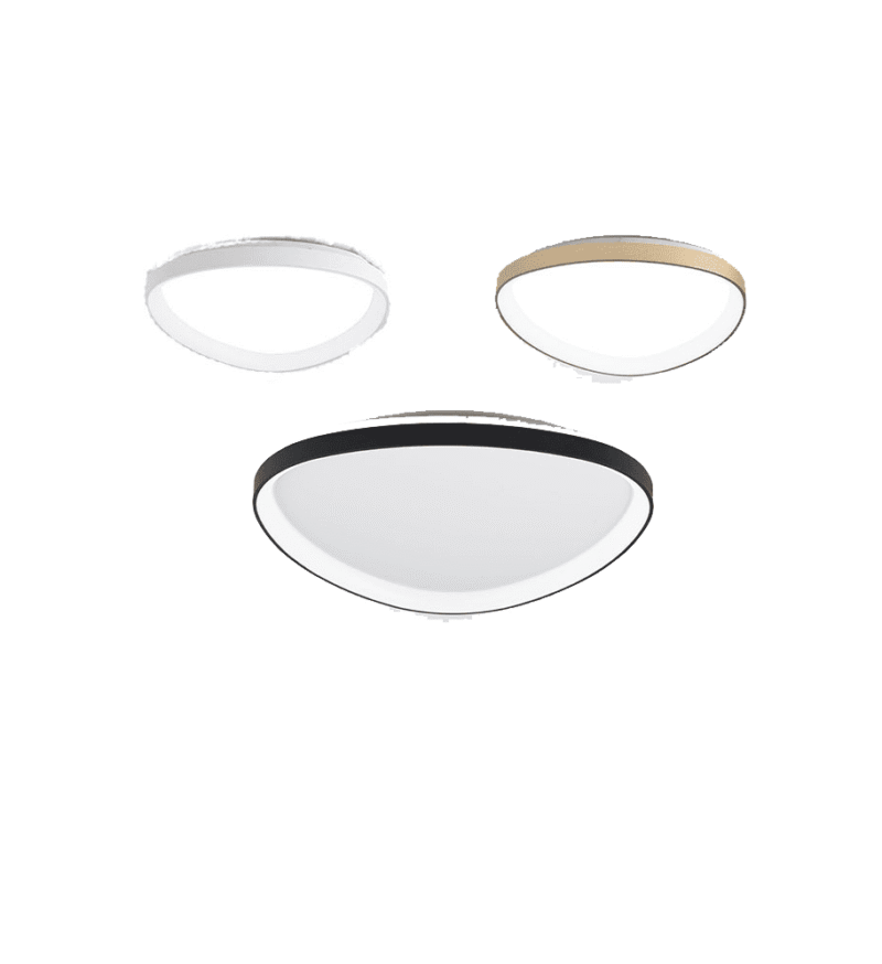 Vor einem weißen Hintergrund sind drei Deckenleuchten - Moon zu sehen: die obere linke ist weiß, die obere rechte ist goldfarben und die untere Mitte ist schwarz. Jede hat ein kreisförmiges, kuppelartiges Design.