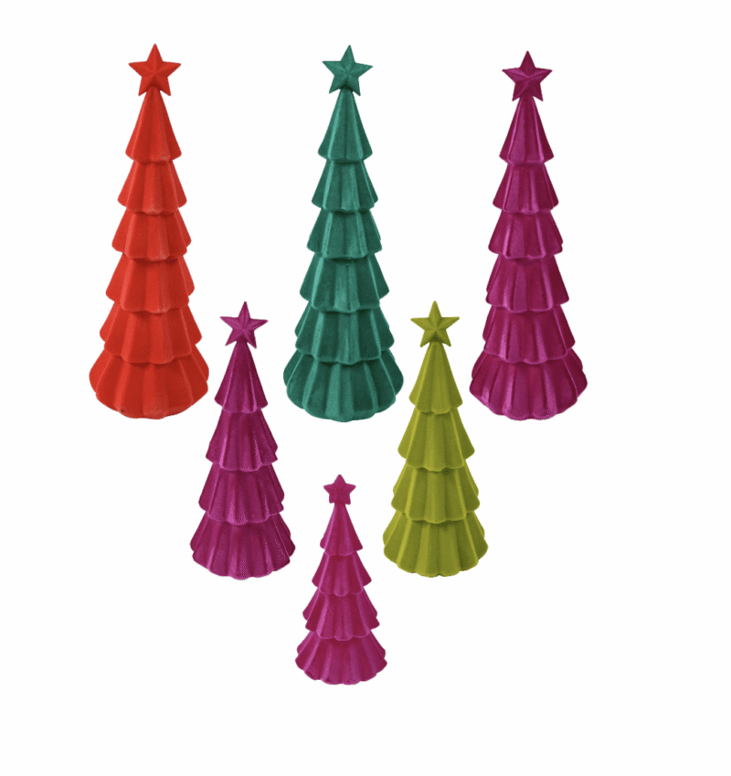 Sechs farbenfrohe Christbaumschmuck-Kegel „Deko Tanne - Samti“ mit Sternspitzen in Rot, Grün, Lila und Limettengrün. In unterschiedlichen Größen auf weißem Untergrund gruppiert.