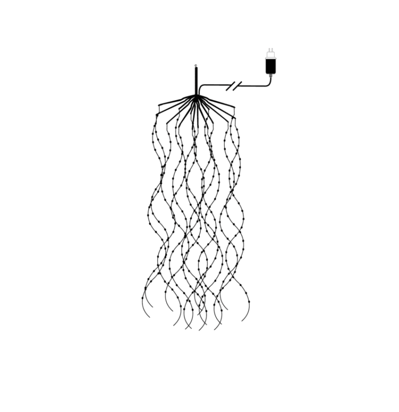 Das Produkt „Lichterkette – Engelshaar“ zeigt das Diagramm eines elektrischen Kabelbaums, der eine einzelne Stromquelle zeigt, die sich in mehrere verdrillte Kabel verzweigt, die in kleinen Spitzen enden und an fließende Haarsträhnen erinnern. Das Produkt „Lichterkette – Engelshaar“ zeigt das Diagramm eines elektrischen Kabelbaums, der eine einzelne Stromquelle zeigt, die sich in mehrere verdrillte Kabel verzweigt, die in kleinen Spitzen enden und an fließende Haarsträhnen erinnern.