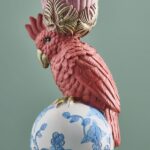 Kerzenhalter mit einem pinken Papagei und einem Elefant ebenfalls wie mit blau weiß gemusterten kugeln