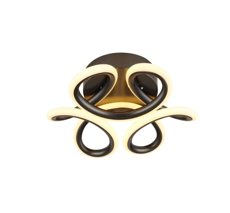 Die Deckenleuchte – Melina – Schwarz, erhältlich ab 19.12.24, verfügt über ineinander verschlungene kreisförmige LED-Lampen mit sanften, geschwungenen Kurven, die ein warmweißes Licht ausstrahlen und so für einen künstlerischen und zeitgenössischen Look sorgen.