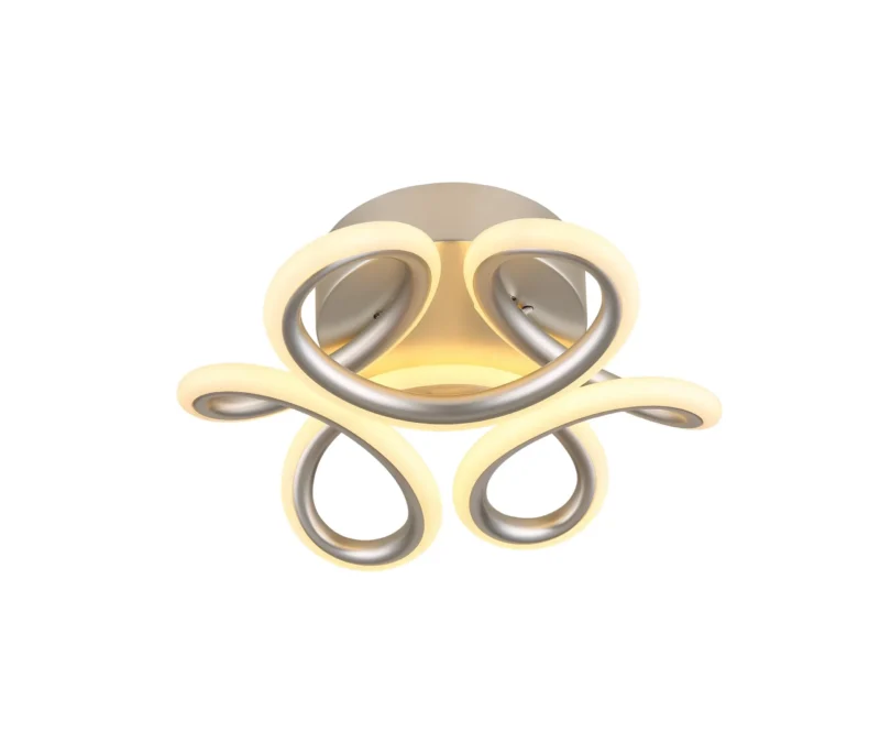 Die Deckenleuchte – Melina in Silber, erhältlich ab 19.12.24, verfügt über ineinander verschlungene, geschwungene Metallelemente mit einem sanften gelben Schimmer und einem abstrakten Design, das an geschwungene Bänder erinnert, und ist für einen skulpturalen Effekt auf einem runden Sockel montiert.