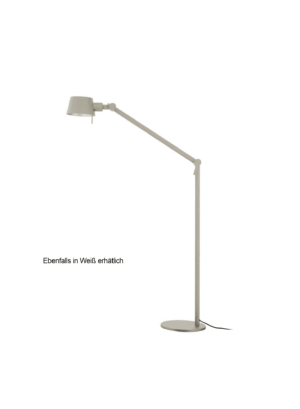 Minimalistische Stehleuchte, Stehleuchte - Mel, auf weißem Hintergrund mit langem verstellbarem Arm und rundem Sockel. Mit der Aufschrift „Ebenfalls in Weiß erhältlich“, um anzuzeigen, dass es in Weiß erhältlich ist.