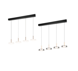 Die Pendelleuchte - Luya besteht aus zwei modernen Pendelleuchten mit schwarzen rechteckigen Sockeln und jeweils vier gleichmäßig verteilten Hängelampen. Die linken Lampen sind weiß und die rechten haben metallische Oberflächen und bieten ein schlankes, minimalistisches Design.