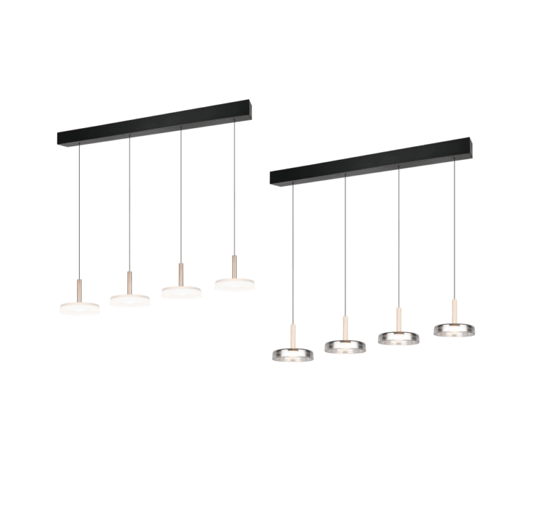 Die Pendelleuchte - Luya besteht aus zwei modernen Pendelleuchten mit schwarzen rechteckigen Sockeln und jeweils vier gleichmäßig verteilten Hängelampen. Die linken Lampen sind weiß und die rechten haben metallische Oberflächen und bieten ein schlankes, minimalistisches Design.