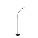 Die Stehleuchte - Reno ist eine elegante schwarze Stehlampe mit rundem Sockel, schlankem, abgewinkeltem Körper und verstellbarem rundem Kopf, der Licht von unten abgibt. Sie besticht durch ein minimalistisches und zeitgenössisches Design.