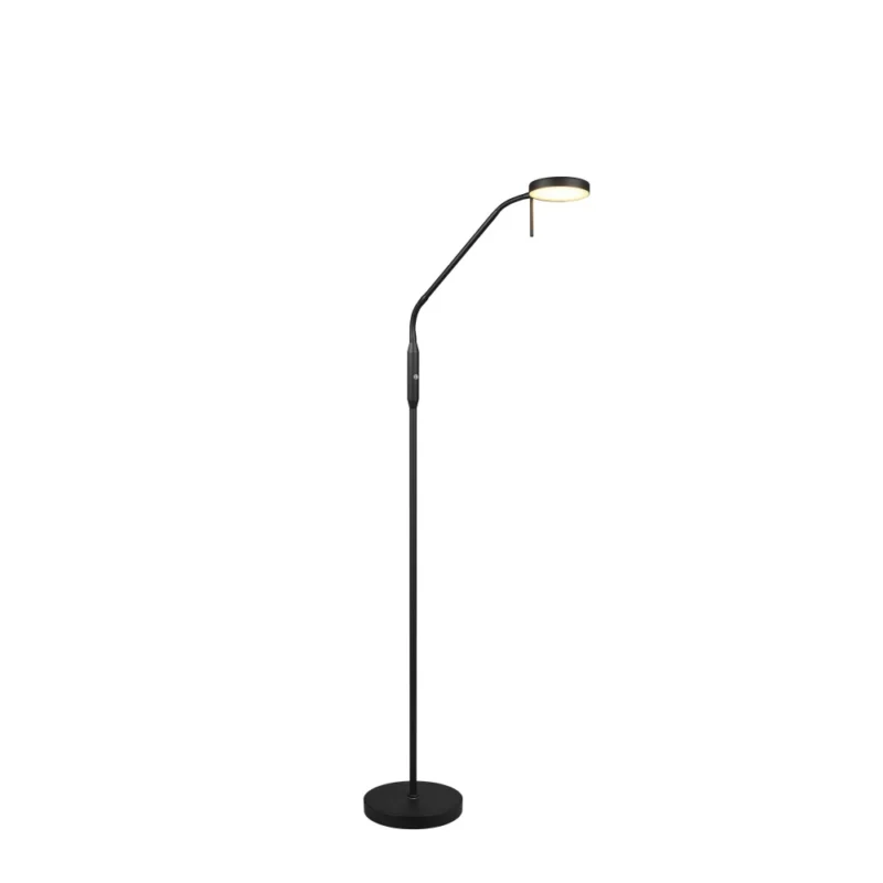 Die Stehleuchte - Reno ist eine elegante schwarze Stehlampe mit rundem Sockel, schlankem, abgewinkeltem Körper und verstellbarem rundem Kopf, der Licht von unten abgibt. Sie besticht durch ein minimalistisches und zeitgenössisches Design.