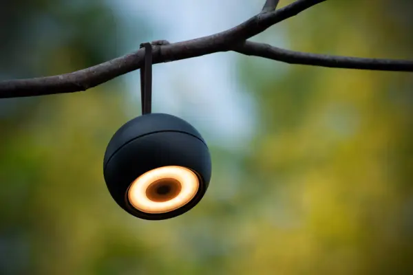 Die Wandleuchte In-Outdoor - Luna, eine runde schwarze Lampe, hängt elegant von einem Ast und wirft einen warmen Schein auf den sanft verschwommenen Hintergrund aus grünem und gelbem Laub.
