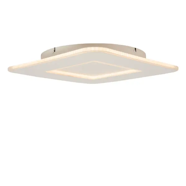 Die Deckenleuchte - Axell ist eine moderne LED-Deckenleuchte mit einem dünnen, quadratischen Design. Sie hat ein geschichtetes quadratisches Muster mit leuchtenden Kanten, ist auf einer runden Basis montiert und strahlt ein warmes, gleichmäßiges Licht aus.