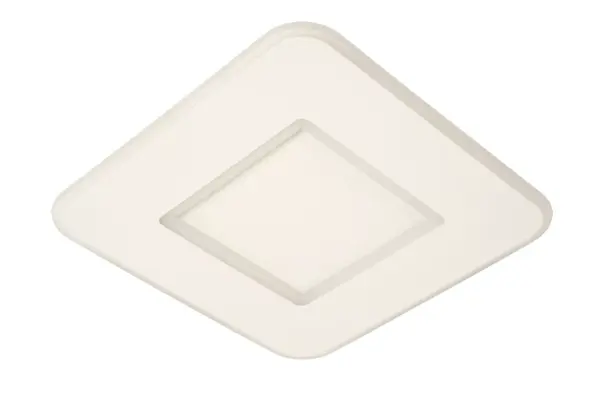 Die Deckenleuchte - Axell ist eine quadratische, weiße Deckenleuchte mit abgerundeten Kanten und einem kleineren erhabenen Quadrat in der Mitte und bietet ein minimalistisches und modernes Design.