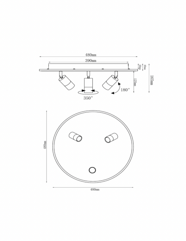 Diagramm der Deckenleuchte - Jule - 3er: Die Draufsicht zeigt verstellbare zylindrische Lichter auf einem 480 mm x 150 mm großen rechteckigen Sockel, der sich horizontal um 350° und vertikal um 180° drehen lässt. Die Seitenansicht zeigt die Abmessungen des Jule-Beleuchtungsdesigns.