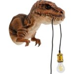 Dino wandleuchte in braun mit einer goldenen Fassung im maul um ein leuchtmittel rein zu schrauben