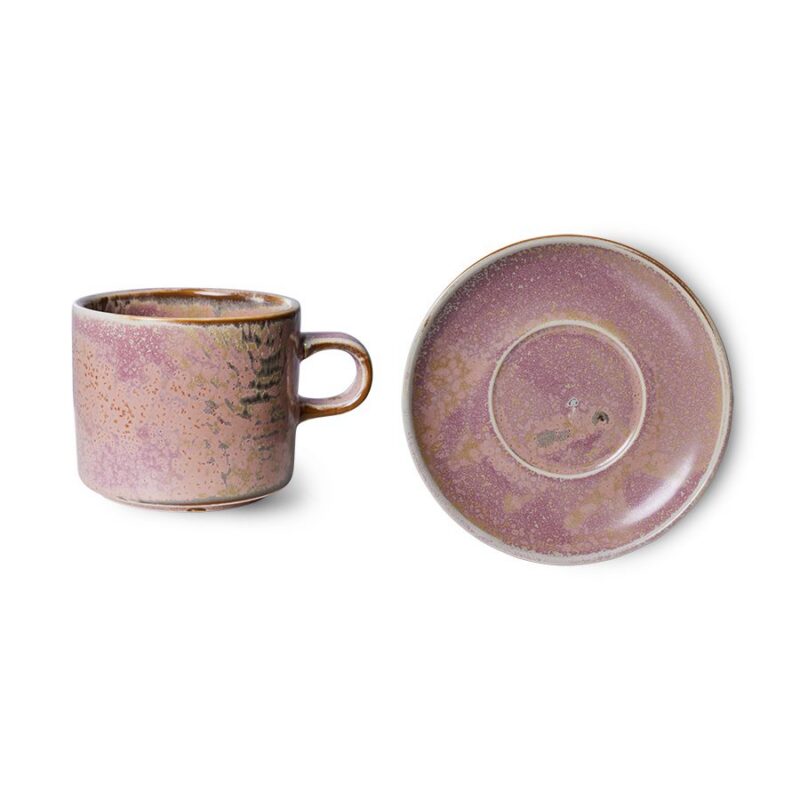 Tasse aus Keramik in rosa mit Untertasse für Kaffee und Tee geeignet