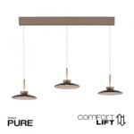 Drei moderne Pendelleuchten der Serie „Pendelleuchte - PURE Moon“ hängen an einer rechteckigen Deckenhalterung und sind mit schlichten, runden Schirmen ausgestattet. In den Bildecken sind die Schriftzüge „Neuhaus PURE“ und „comfort LIFT“ in Pfeilform zu sehen.