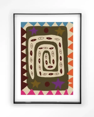 Das Wandbild - Snake Eye ist ein gerahmtes abstraktes Kunstwerk mit einem Spiralmuster aus stilisierten Augenformen in Erdtönen. Es enthält geometrische Elemente wie Dreiecke und Sterne in leuchtenden Lila-, Orange- und Rottönen auf einem beruhigenden beigen Hintergrund.