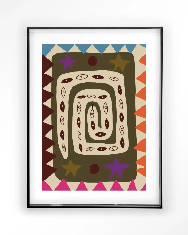 Das Wandbild - Snake Eye ist ein gerahmtes abstraktes Kunstwerk mit einem Spiralmuster aus stilisierten Augenformen in Erdtönen. Es enthält geometrische Elemente wie Dreiecke und Sterne in leuchtenden Lila-, Orange- und Rottönen auf einem beruhigenden beigen Hintergrund.